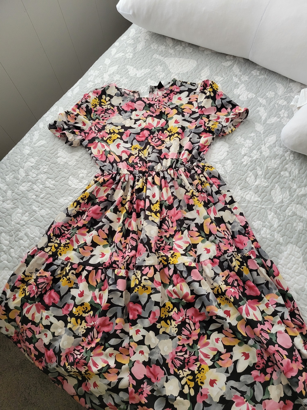 SHEIN Black Floral Tiered Dress with Pink and Yellow Blooms